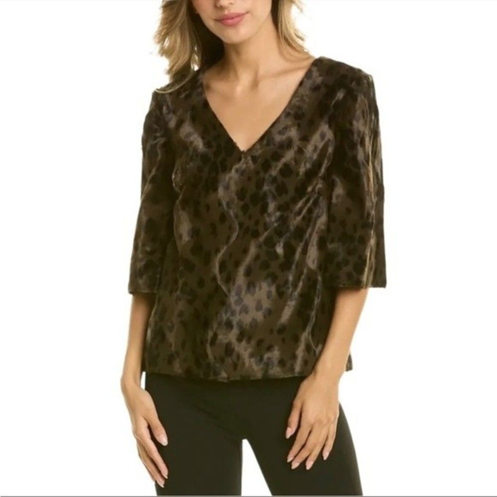 Trina Turk Womens Size Small Faux Fur Leopard Animal Print V-Neck Coquette Top